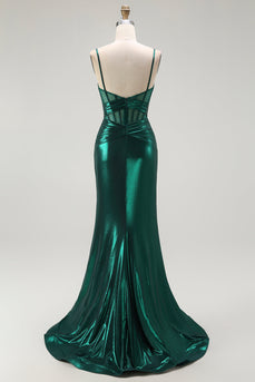 Dark Green Metallic Mermaid Long Corset Prom Dress with Slit