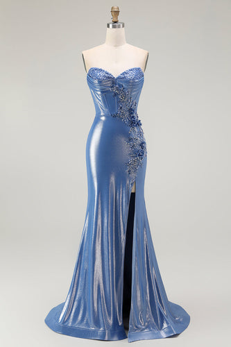 Sparkly Floral Blue Sweetheart Beaded Long Corset Prom Dress with Slit
