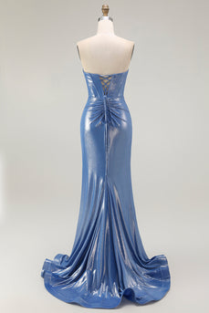 Sparkly Floral Blue Sweetheart Beaded Long Corset Prom Dress with Slit