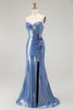 Load image into Gallery viewer, Sparkly Floral Blue Sweetheart Beaded Long Corset Prom Dress with Slit