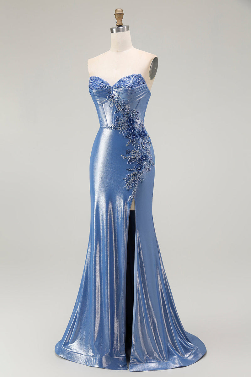 Load image into Gallery viewer, Sparkly Floral Blue Sweetheart Beaded Long Corset Prom Dress with Slit