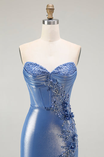Sparkly Floral Blue Sweetheart Beaded Long Corset Prom Dress with Slit