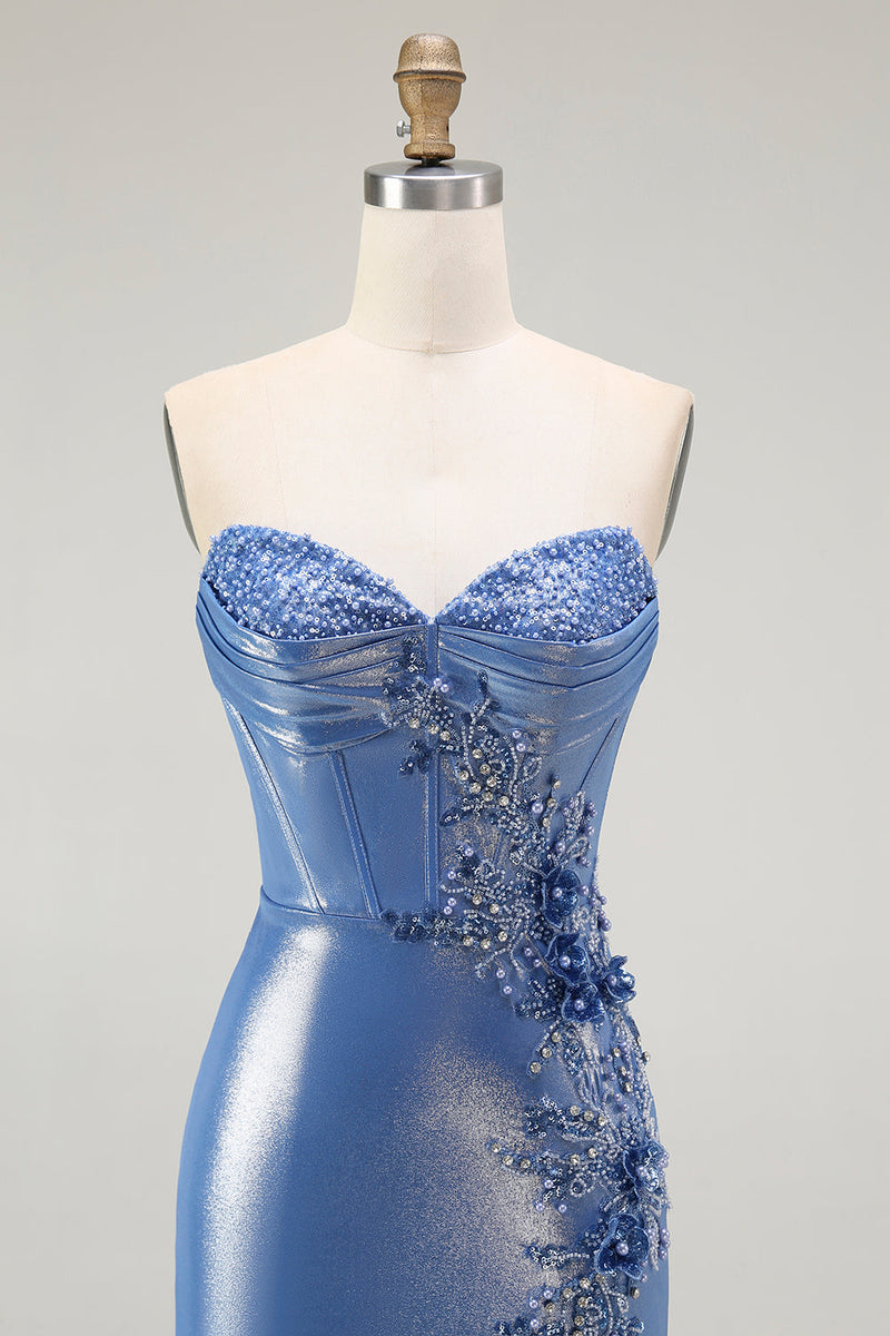 Load image into Gallery viewer, Sparkly Floral Blue Sweetheart Beaded Long Corset Prom Dress with Slit