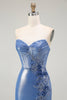 Load image into Gallery viewer, Sparkly Floral Blue Sweetheart Beaded Long Corset Prom Dress with Slit