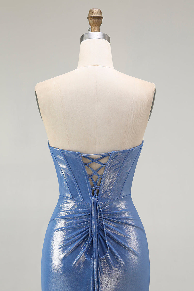 Load image into Gallery viewer, Sparkly Floral Blue Sweetheart Beaded Long Corset Prom Dress with Slit