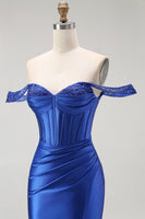 Load image into Gallery viewer, Sparkly Royal Blue Off the Shoulder Long Corset Prom Dress with Slit