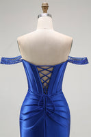 Load image into Gallery viewer, Sparkly Royal Blue Off the Shoulder Long Corset Prom Dress with Slit