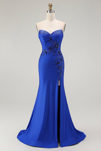 Sparkly Floral Royal Blue Mermaid Long Corset Prom Dress with Beading