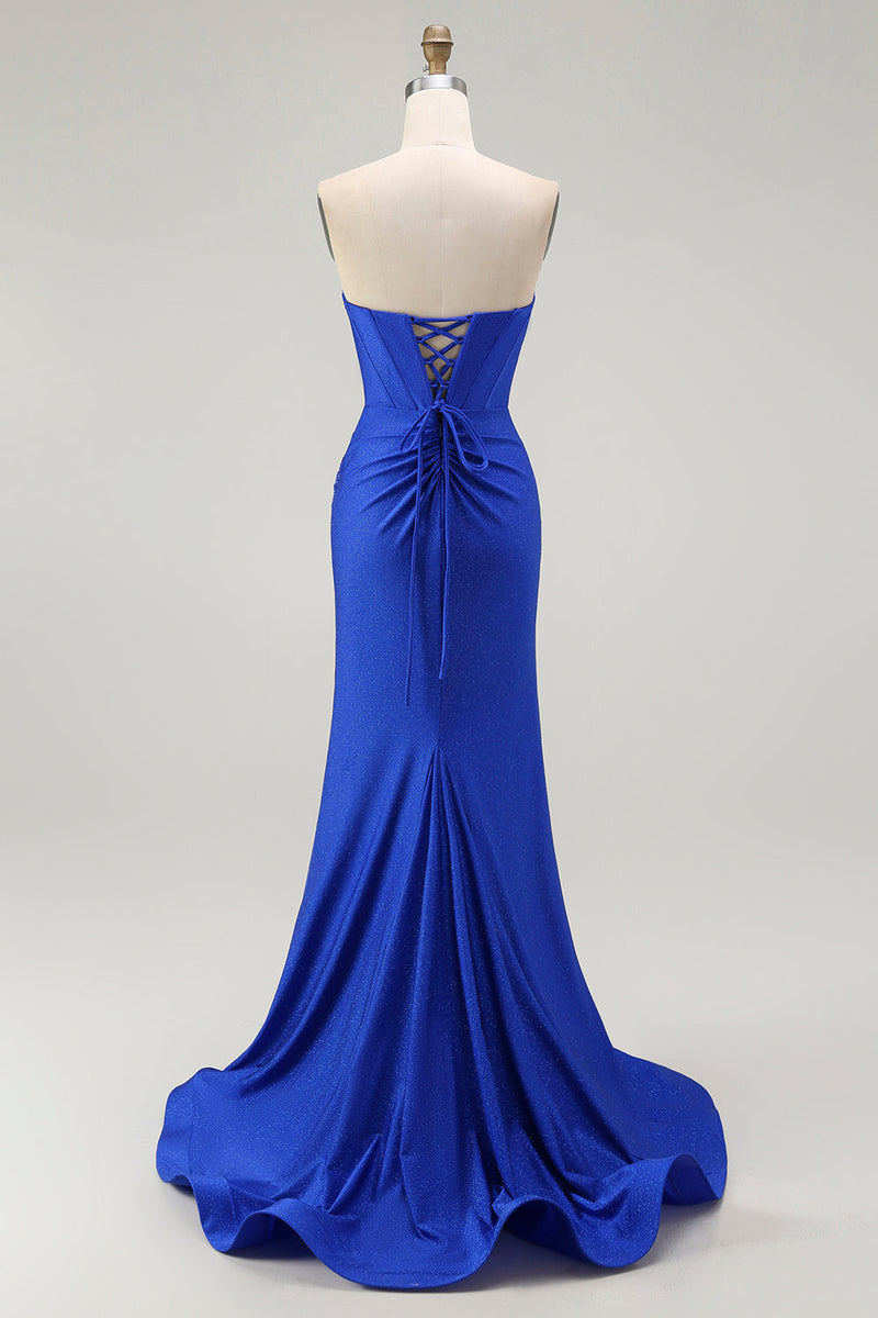 Load image into Gallery viewer, Sparkly Floral Royal Blue Mermaid Long Corset Prom Dress with Beading