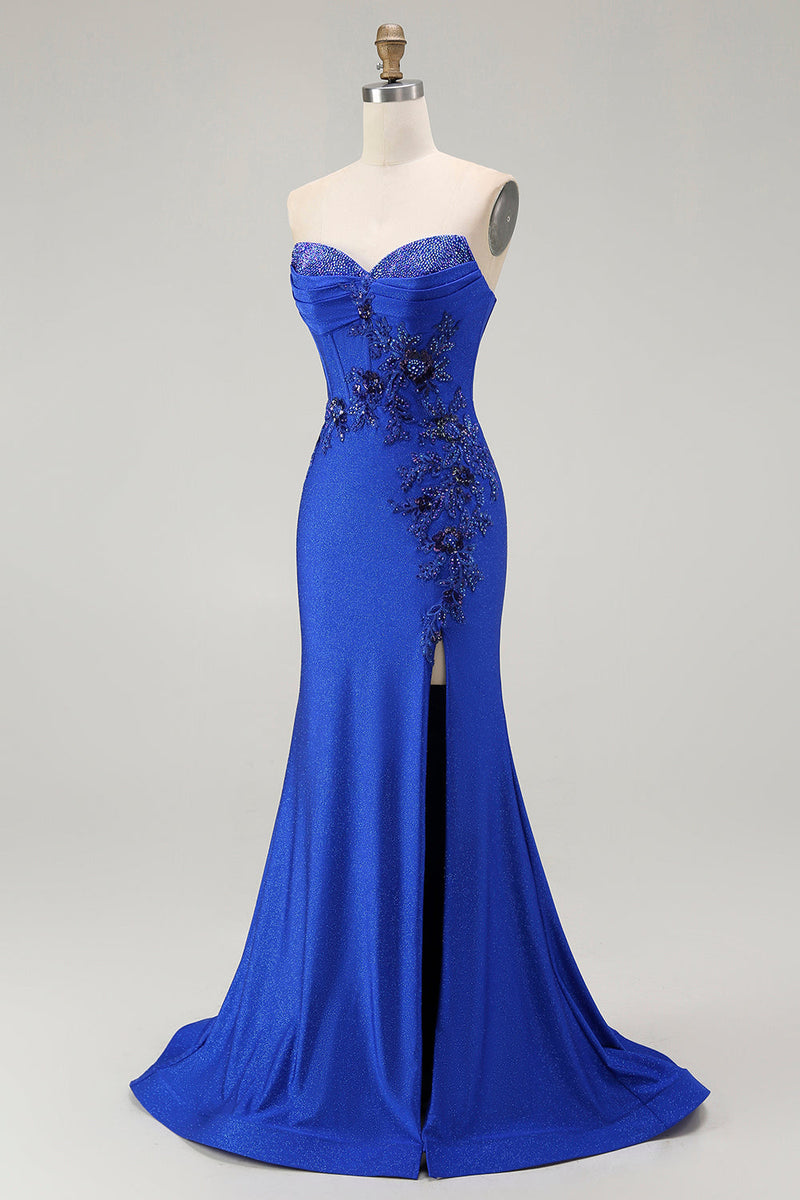 Load image into Gallery viewer, Sparkly Floral Royal Blue Mermaid Long Corset Prom Dress with Beading