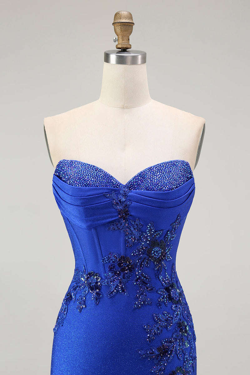 Load image into Gallery viewer, Sparkly Floral Royal Blue Mermaid Long Corset Prom Dress with Beading