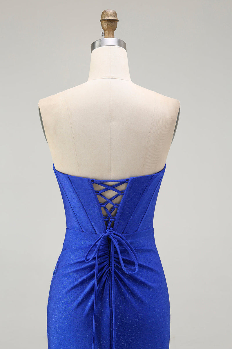 Load image into Gallery viewer, Sparkly Floral Royal Blue Mermaid Long Corset Prom Dress with Beading