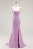 Load image into Gallery viewer, Purple Mermaid Satin Appliqued Long Corset Prom Dress with Slit