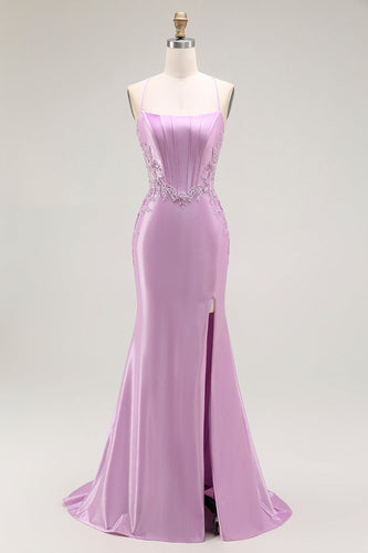Purple Mermaid Satin Appliqued Long Corset Prom Dress with Slit
