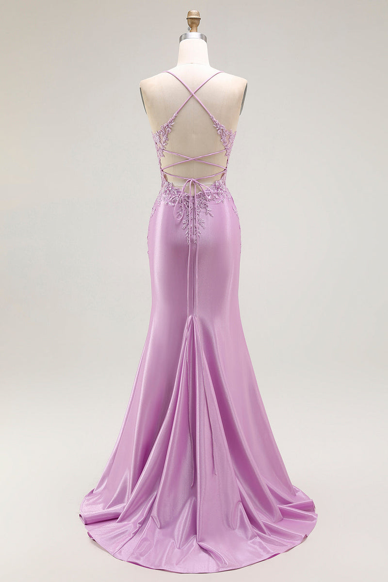 Load image into Gallery viewer, Purple Mermaid Satin Appliqued Long Corset Prom Dress with Slit