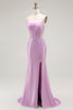 Load image into Gallery viewer, Purple Mermaid Satin Appliqued Long Corset Prom Dress with Slit