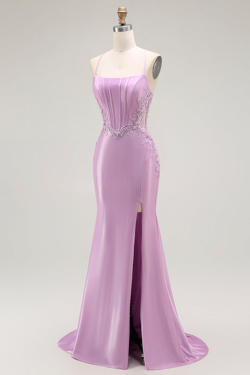 Load image into Gallery viewer, Purple Mermaid Satin Appliqued Long Corset Prom Dress with Slit