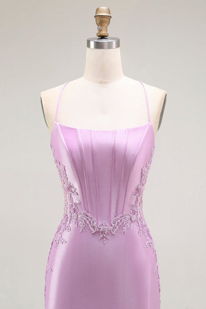 Load image into Gallery viewer, Purple Mermaid Satin Appliqued Long Corset Prom Dress with Slit