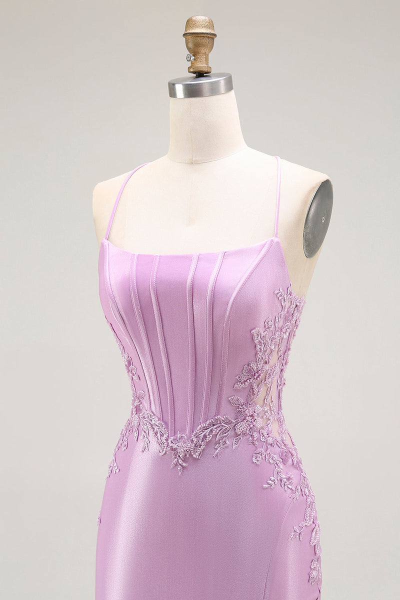 Load image into Gallery viewer, Purple Mermaid Satin Appliqued Long Corset Prom Dress with Slit