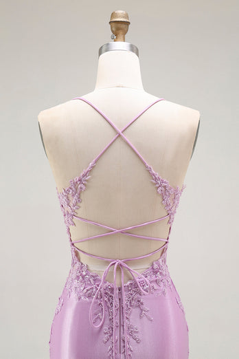 Purple Mermaid Satin Appliqued Long Corset Prom Dress with Slit