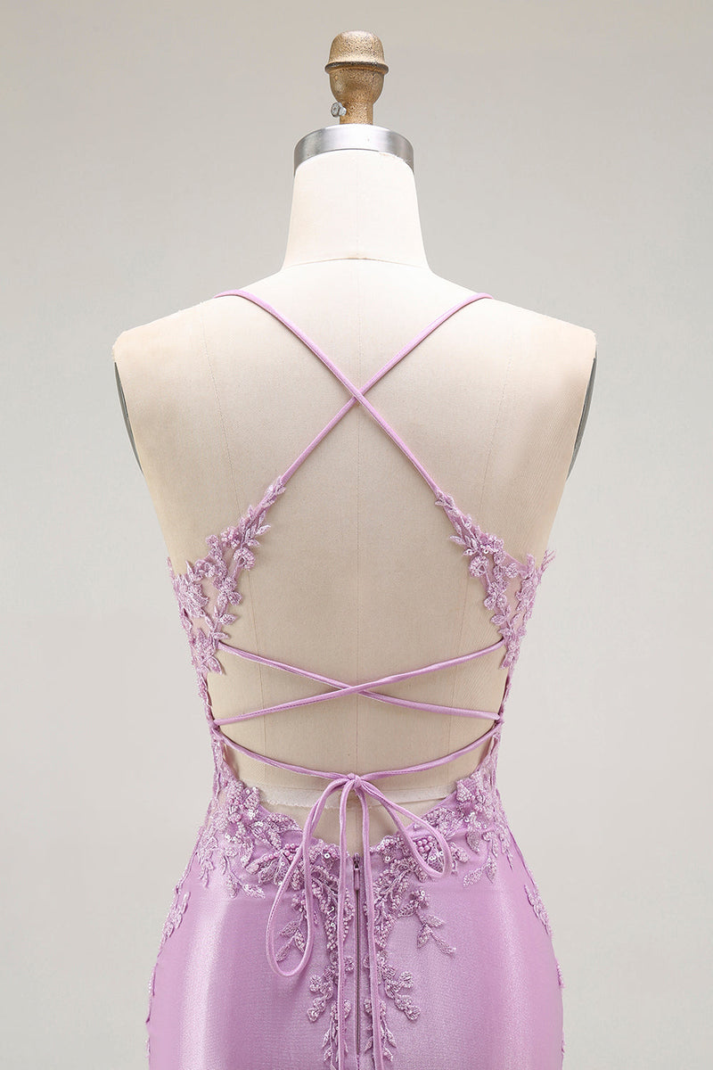 Load image into Gallery viewer, Purple Mermaid Satin Appliqued Long Corset Prom Dress with Slit