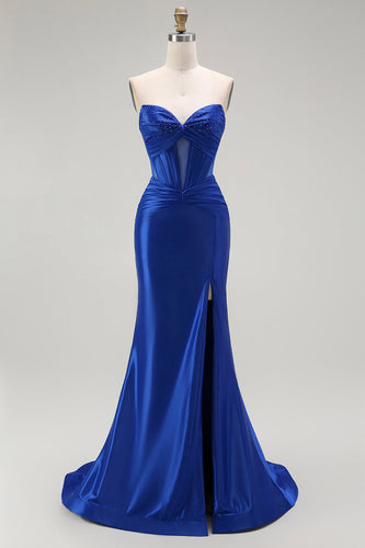 Sparkly Royal Blue Mermaid Long Corset Prom Dress with Beading