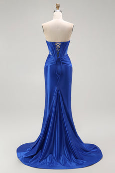 Sparkly Royal Blue Mermaid Long Corset Prom Dress with Beading