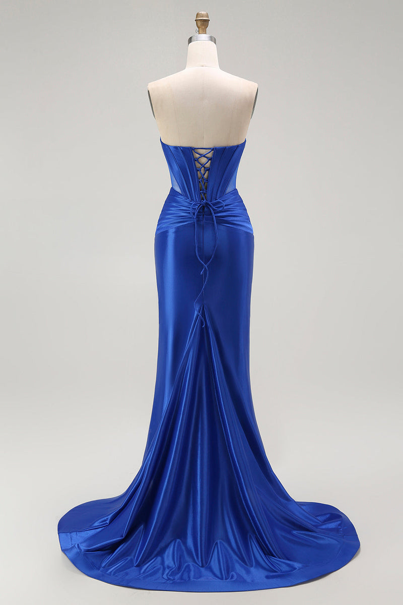 Load image into Gallery viewer, Sparkly Royal Blue Mermaid Long Corset Prom Dress with Beading