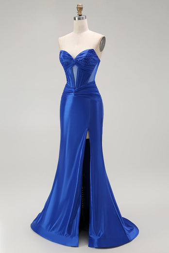 Sparkly Royal Blue Mermaid Long Corset Prom Dress with Beading