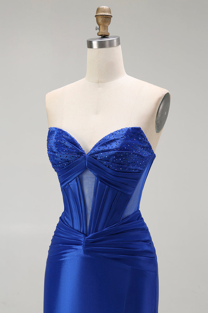 Load image into Gallery viewer, Sparkly Royal Blue Mermaid Long Corset Prom Dress with Beading