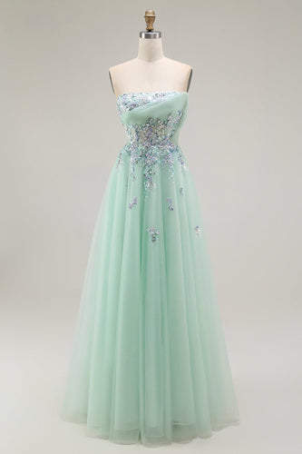 Floral Green A Line Tulle Strapless Long Prom Dress with Appliques
