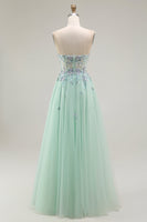Load image into Gallery viewer, Floral Green A Line Tulle Strapless Long Prom Dress with Appliques