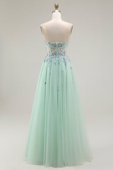 Floral Green A Line Tulle Strapless Long Prom Dress with Appliques