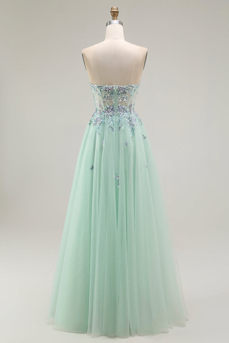 Load image into Gallery viewer, Floral Green A Line Tulle Strapless Long Prom Dress with Appliques