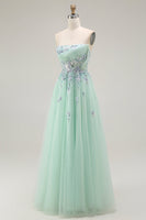 Load image into Gallery viewer, Floral Green A Line Tulle Strapless Long Prom Dress with Appliques