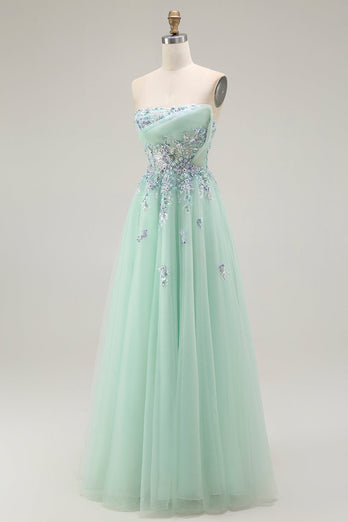 Floral Green A Line Tulle Strapless Long Prom Dress with Appliques