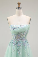 Load image into Gallery viewer, Floral Green A Line Tulle Strapless Long Prom Dress with Appliques