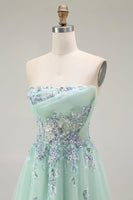Load image into Gallery viewer, Floral Green A Line Tulle Strapless Long Prom Dress with Appliques