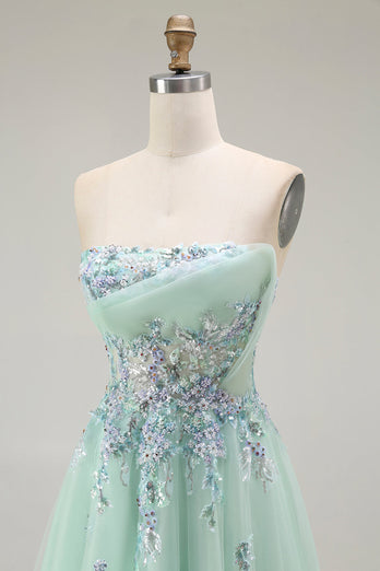 Floral Green A Line Tulle Strapless Long Prom Dress with Appliques