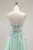 Load image into Gallery viewer, Floral Green A Line Tulle Strapless Long Prom Dress with Appliques