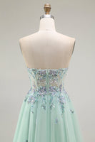Load image into Gallery viewer, Floral Green A Line Tulle Strapless Long Prom Dress with Appliques