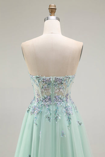 Floral Green A Line Tulle Strapless Long Prom Dress with Appliques