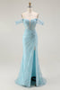 Load image into Gallery viewer, Sparkly Blue Mermaid Off the Shoulder Long Corset Prom Dress with Slit