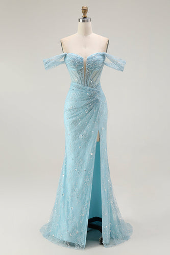 Sparkly Blue Mermaid Off the Shoulder Long Corset Prom Dress with Slit