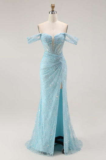 Sparkly Blue Mermaid Off the Shoulder Long Corset Prom Dress with Slit