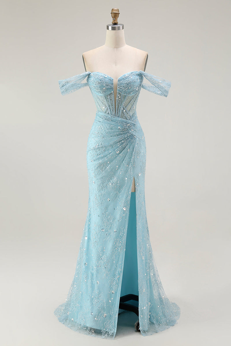 Load image into Gallery viewer, Sparkly Blue Mermaid Off the Shoulder Long Corset Prom Dress with Slit