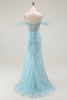 Load image into Gallery viewer, Sparkly Blue Mermaid Off the Shoulder Long Corset Prom Dress with Slit