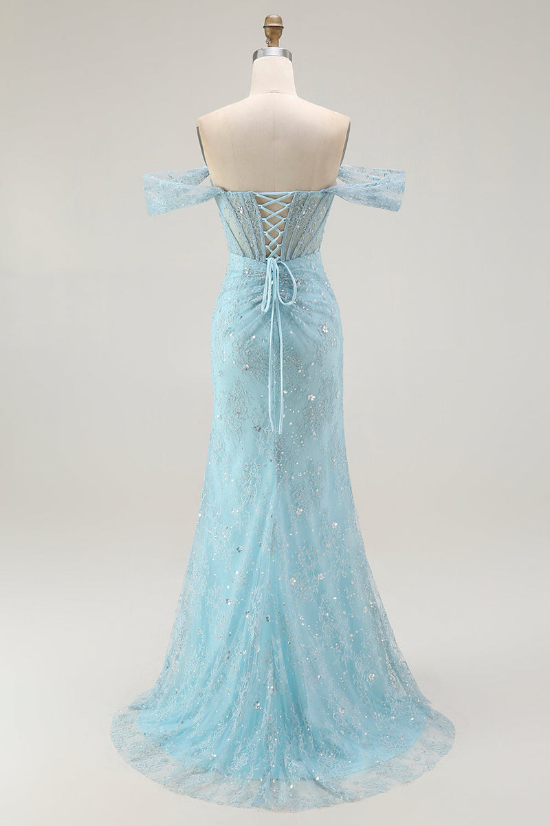Load image into Gallery viewer, Sparkly Blue Mermaid Off the Shoulder Long Corset Prom Dress with Slit