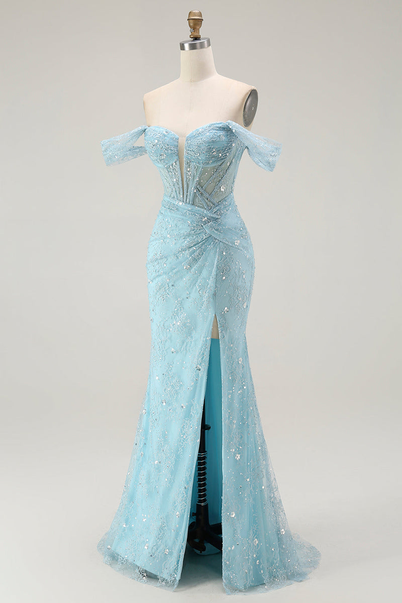 Load image into Gallery viewer, Sparkly Blue Mermaid Off the Shoulder Long Corset Prom Dress with Slit