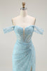 Load image into Gallery viewer, Sparkly Blue Mermaid Off the Shoulder Long Corset Prom Dress with Slit